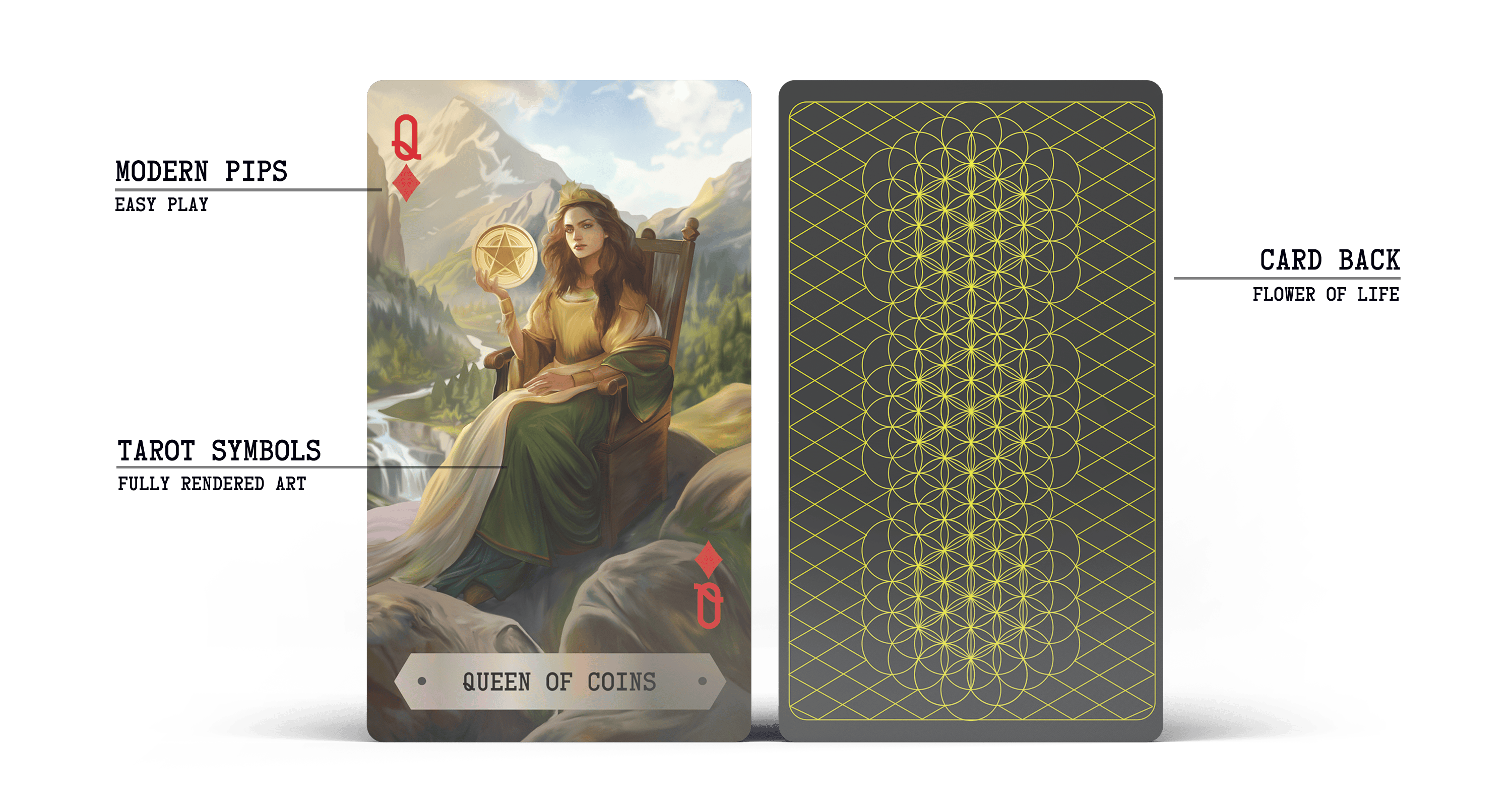 A tarot card titled Queen of Coins depicts a seated woman holding a coin, with mountains and greenery in the background. Beside it is the patterned back of another tarot card.