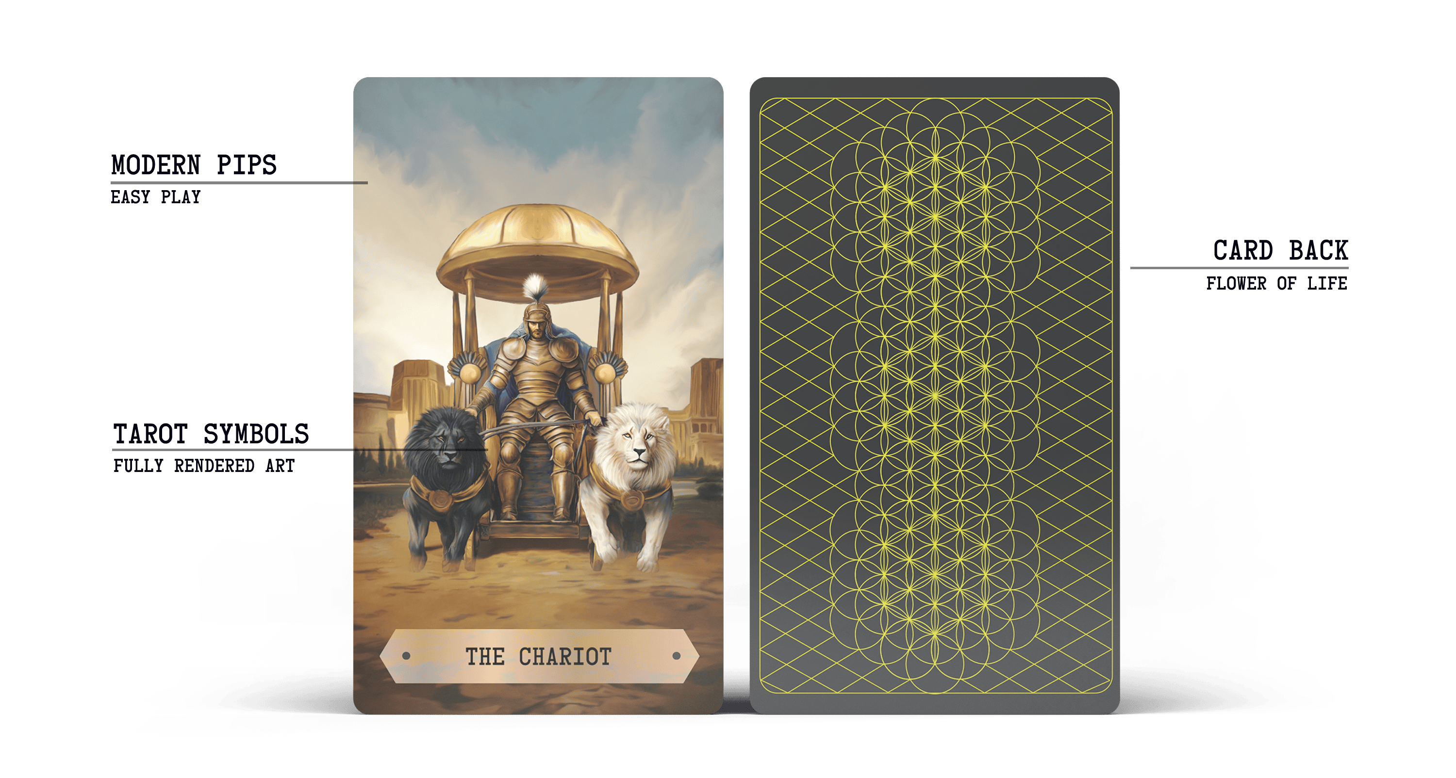 A tarot card titled The Chariot features a figure in armor riding a chariot pulled by a black and a white lion. Next to it is the card back, decorated with a gold geometric pattern.