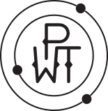 A black and white logo features the stylized letters PWT inside two concentric circles, with three solid black dots positioned along the outer circle, resembling an atomic model.