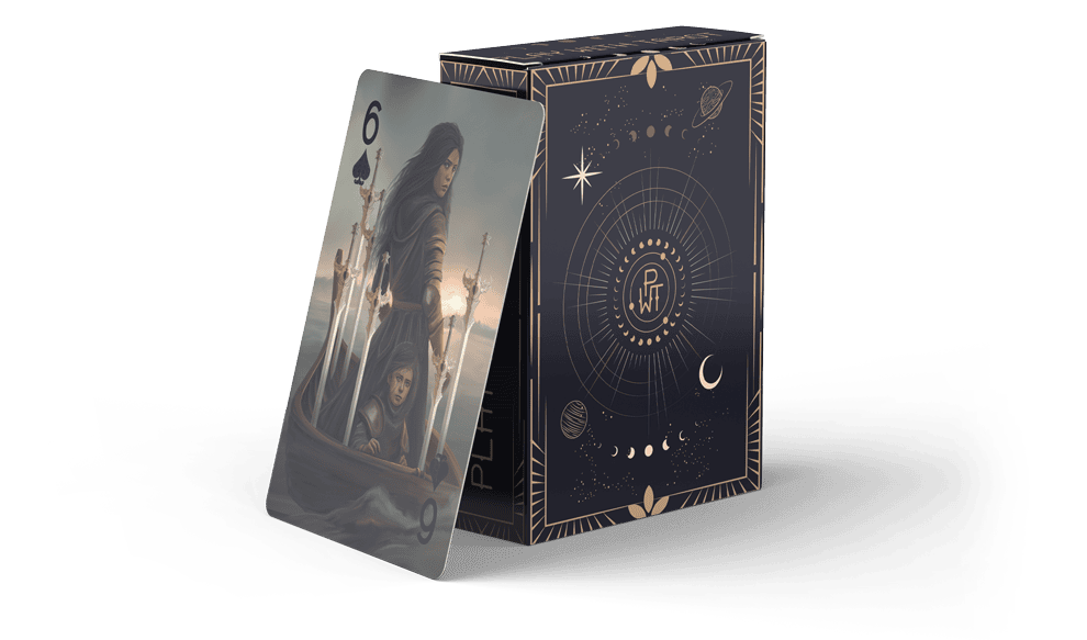 A decorative playing card box with celestial designs is shown next to a 6 of spades card depicting two hooded figures in a boat on water, with a dramatic sky in the background.