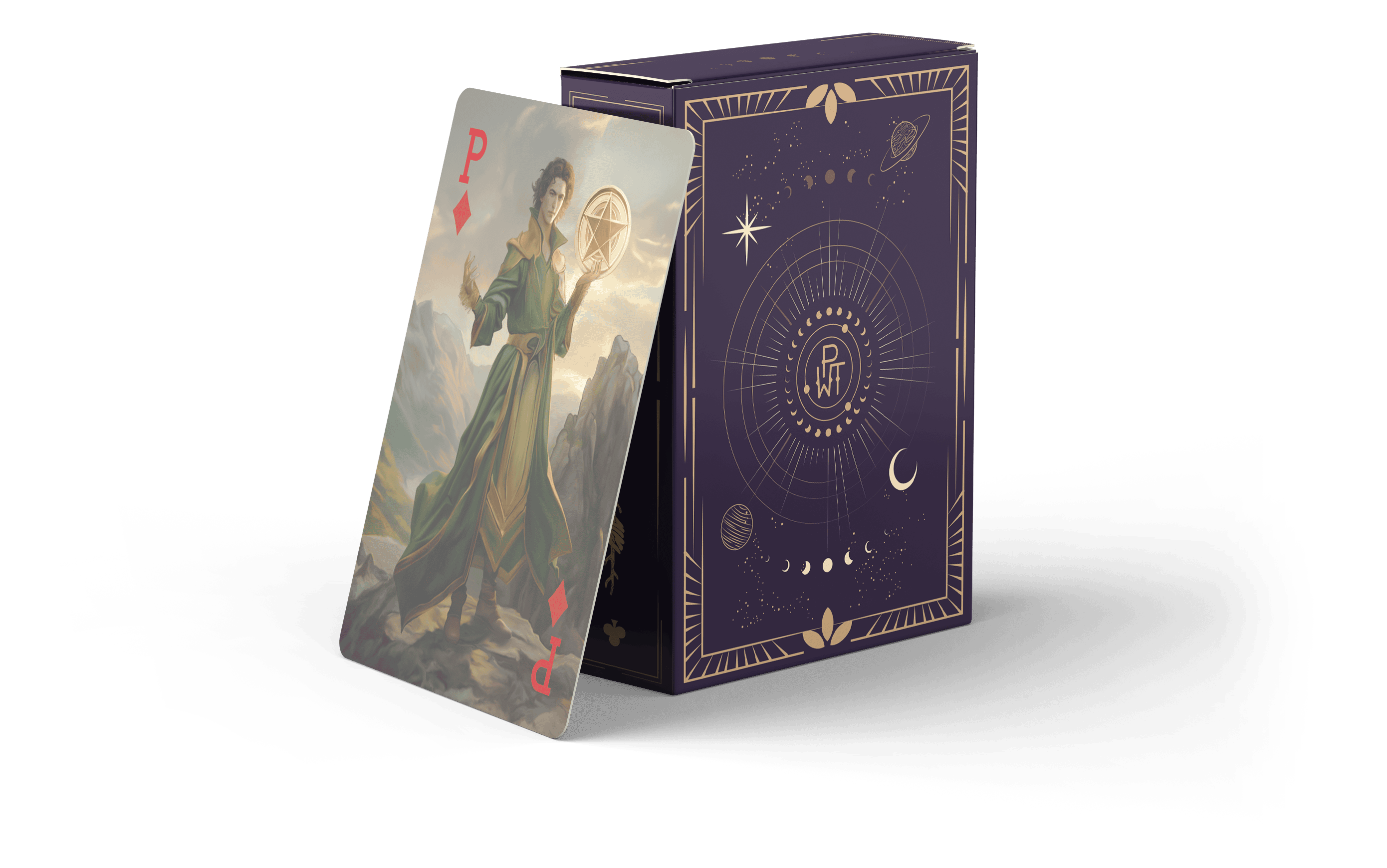 A playing card with a regal woman in green robes (queen of diamonds) stands in front of an ornate, dark purple box decorated with celestial designs, stars, moons, and planets.