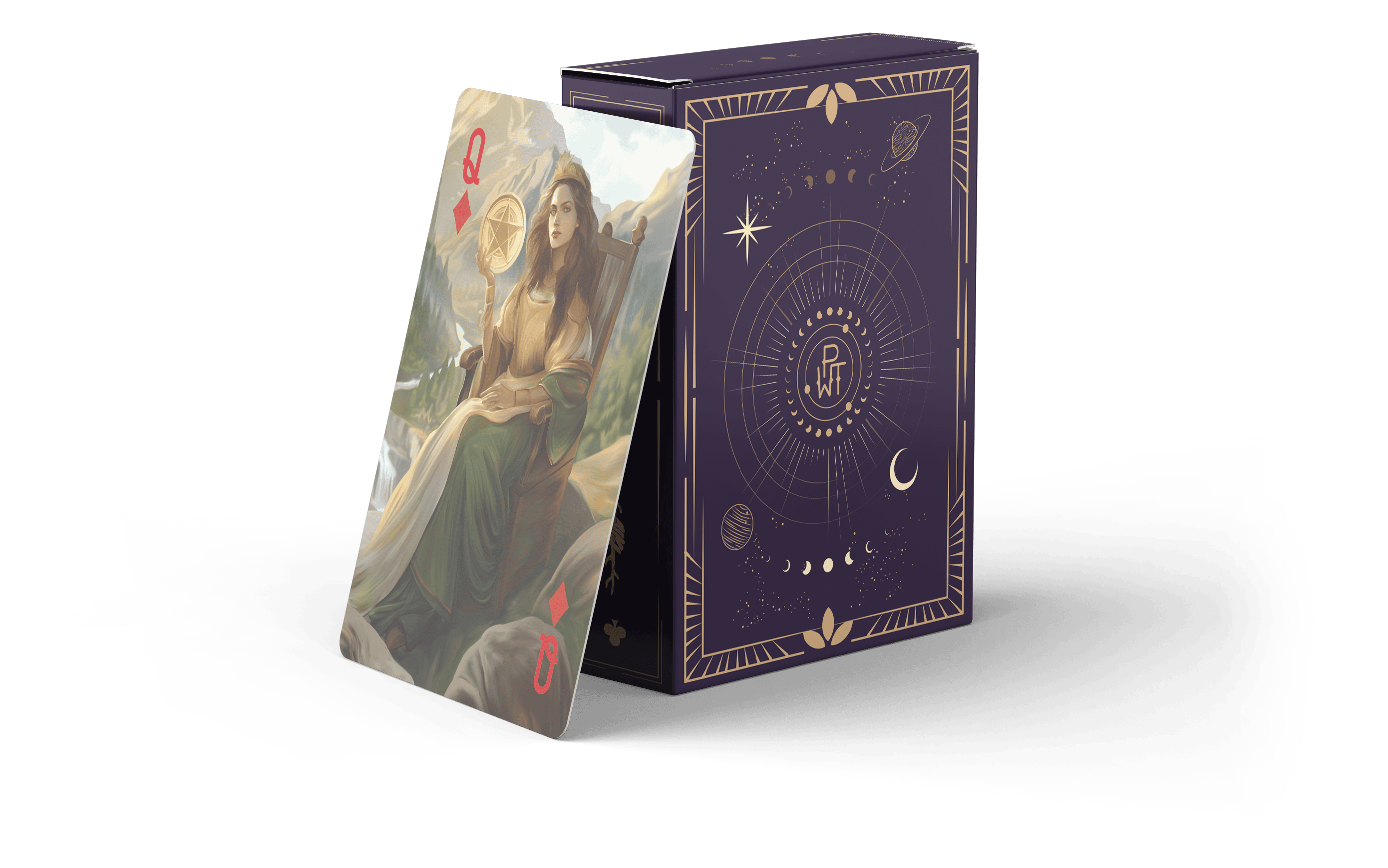 A playing card showing the Queen of Diamonds with a woman in a flowing dress is leaning against a decorative, dark purple box featuring celestial designs, including stars, planets, and crescent moons.