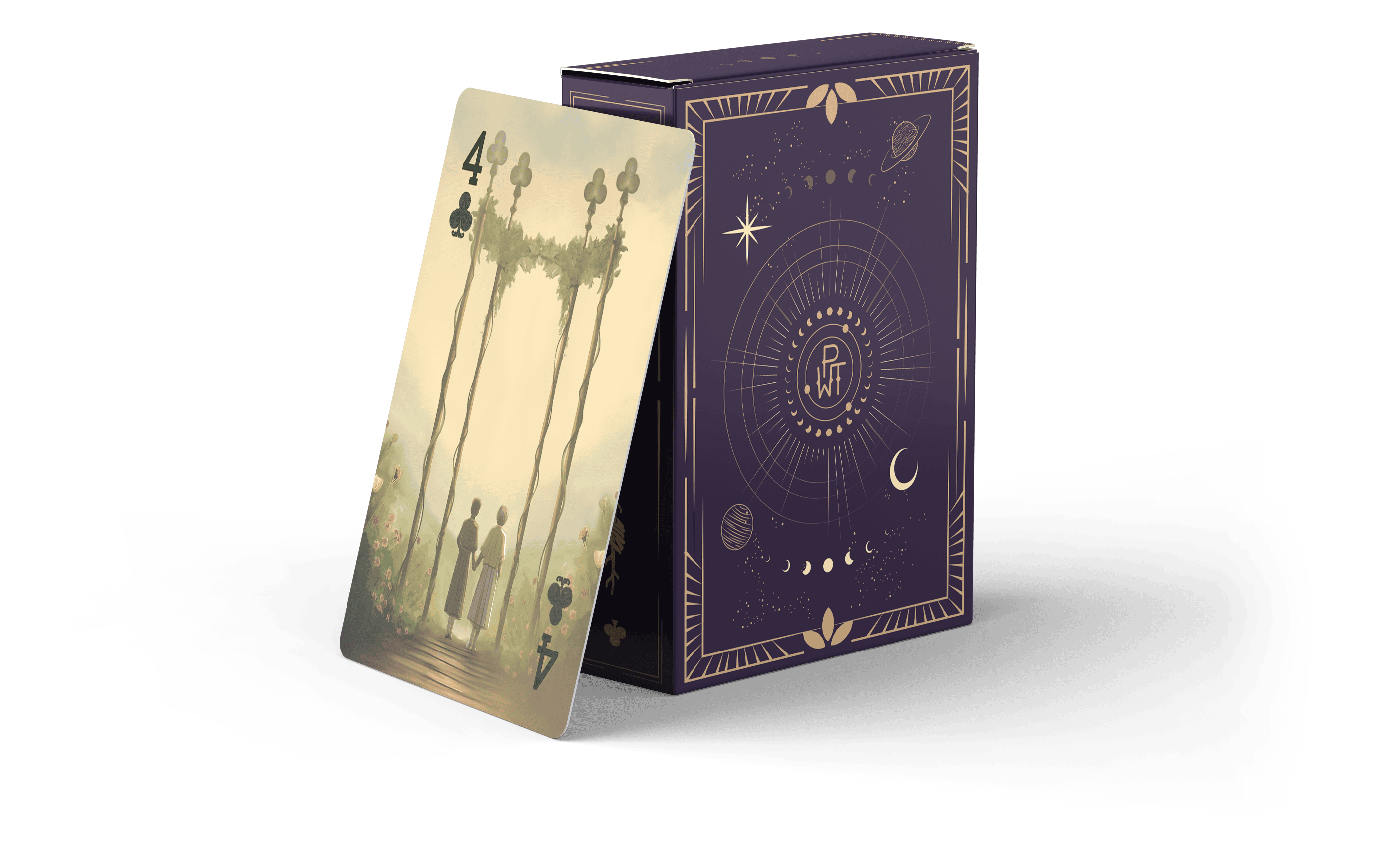 A decorative playing card box with celestial designs stands next to a 4 of clubs card, which features an artistic illustration of three shadowy figures with tall plants or trees.