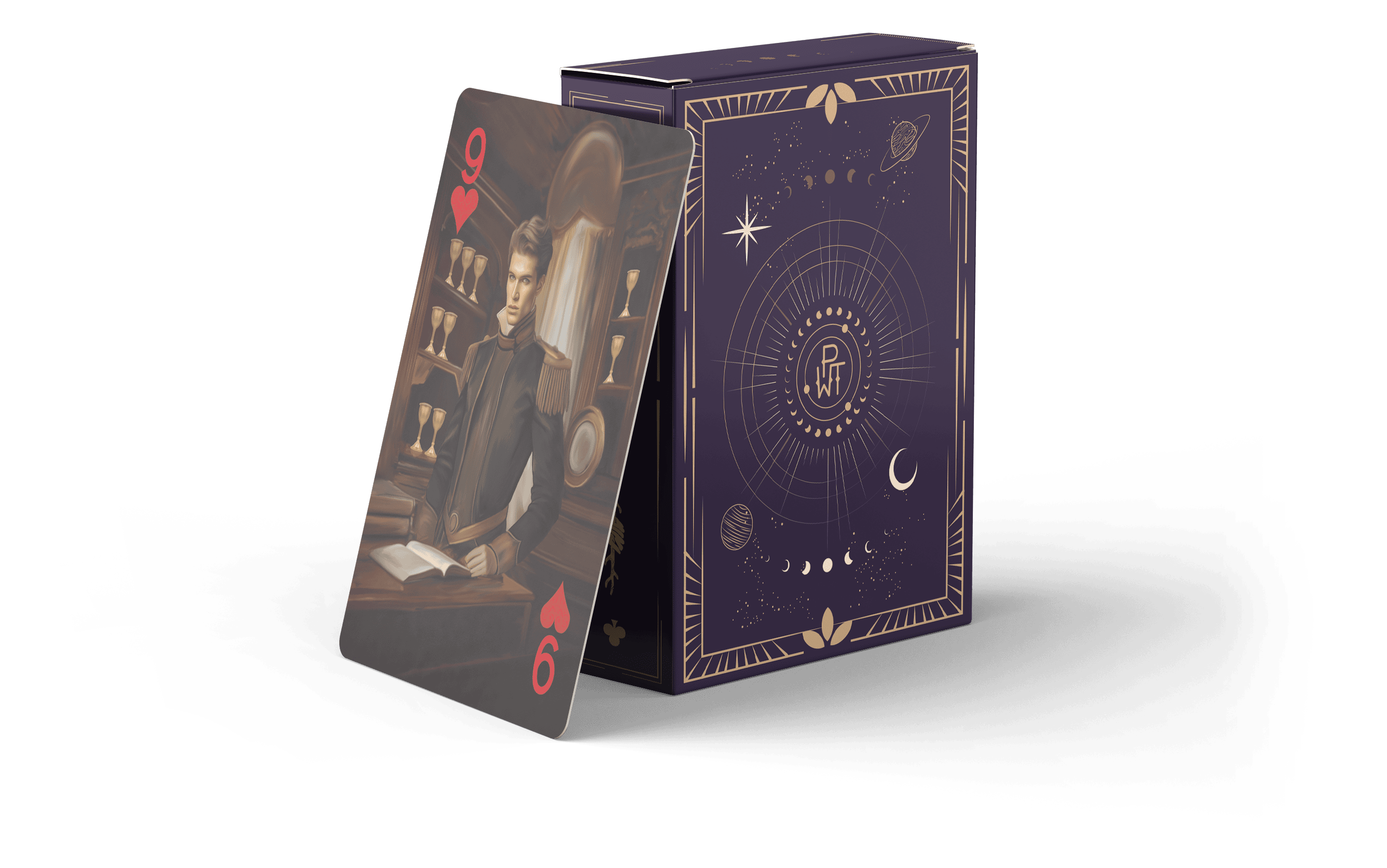 A playing card with the 9 of hearts shows a person in old-fashioned attire in a library. The card leans against a decorative, dark purple box with celestial designs and symbols on its surface.
