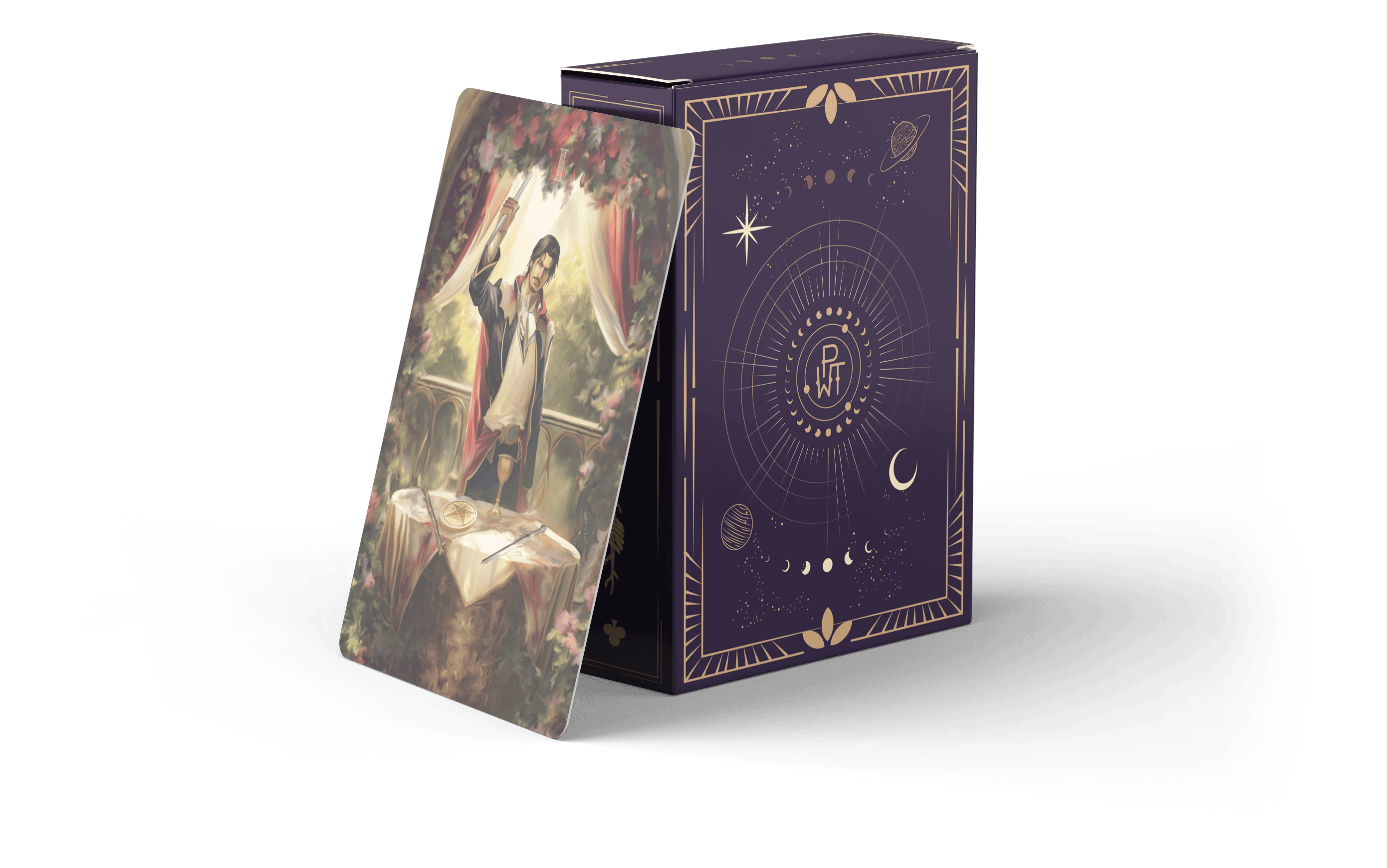 A tarot card deck box with celestial designs in gold and purple. Next to it, a tarot card featuring a magician standing at a table with a wand raised, surrounded by greenery and red curtains.