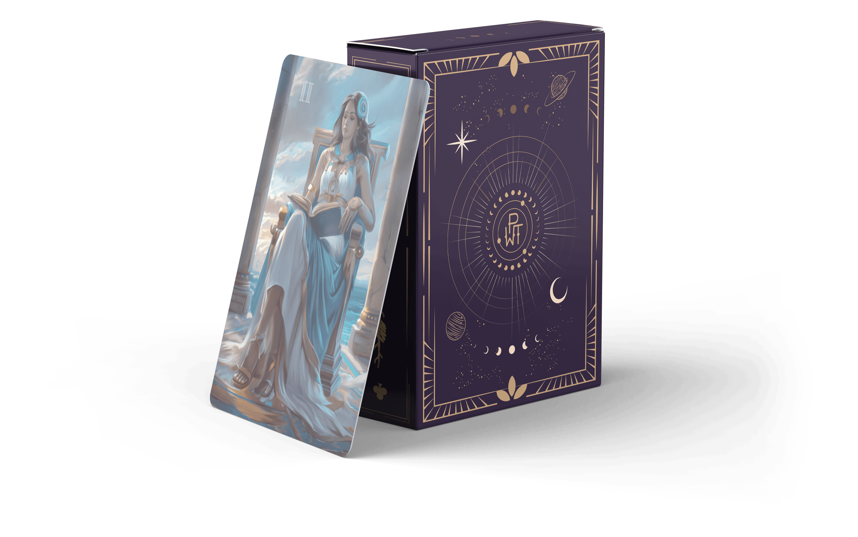 A tarot card deck with a purple, celestial-themed box. One card featuring a serene woman in a blue dress holding a book is leaning against the box. The box is decorated with stars, planets, and moon phases.