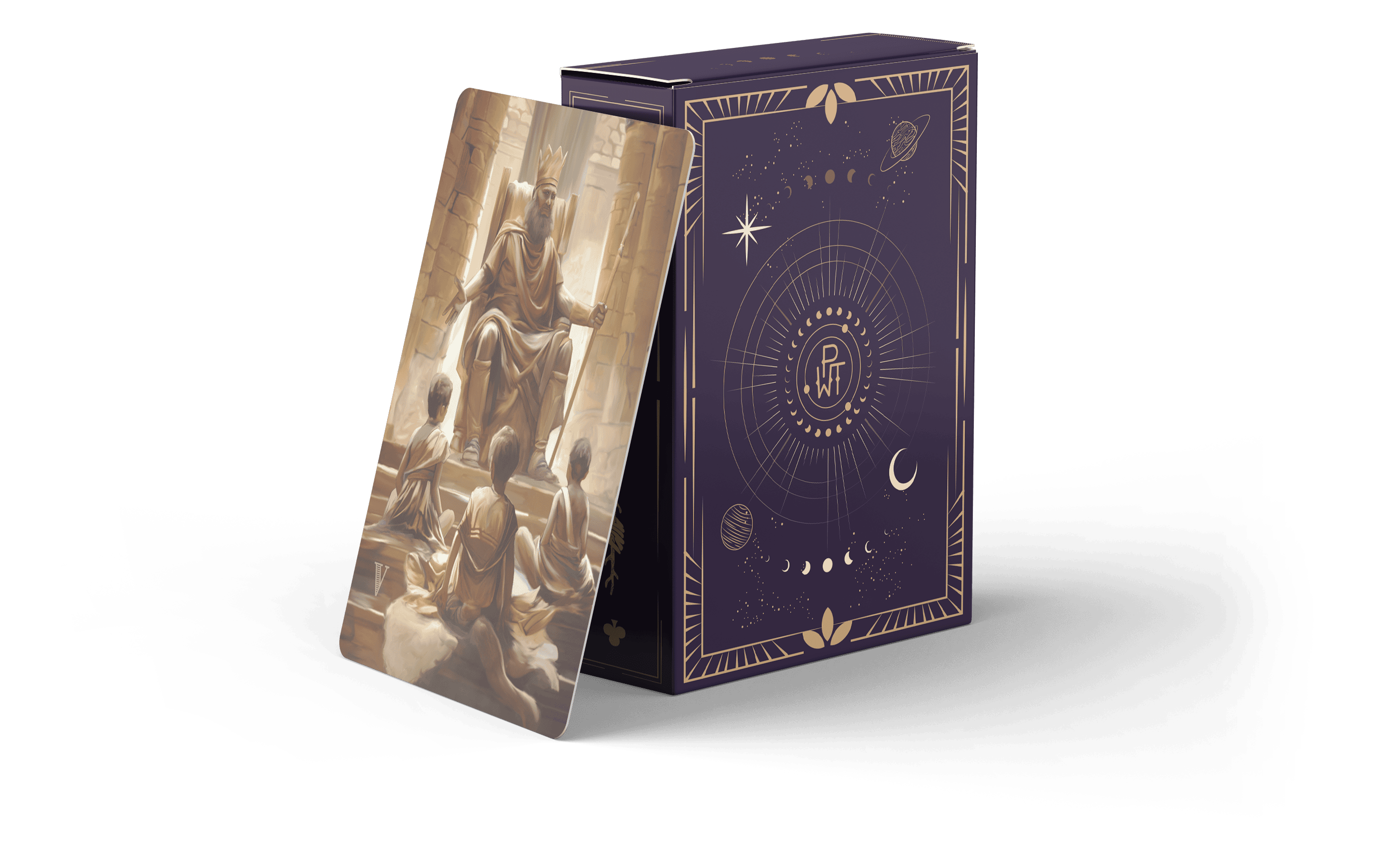A tarot card depicting a robed figure seated on a throne, surrounded by people, is propped against a decorative purple box adorned with celestial designs, including stars, moons, and planets in gold.