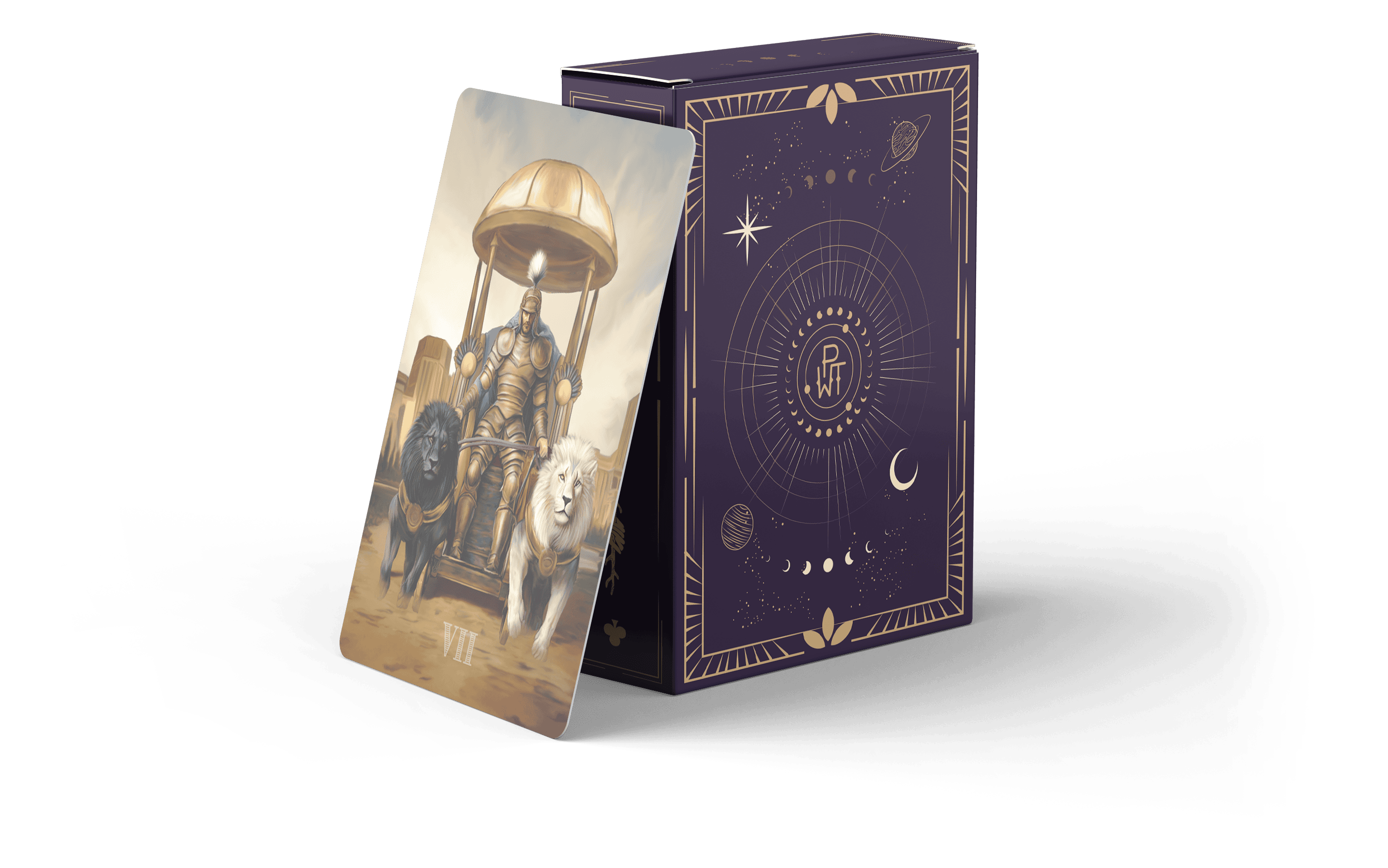 A tarot card depicting a figure in armor riding a chariot pulled by a black and a white lion, leaning against a decorative purple box adorned with celestial designs and symbols.