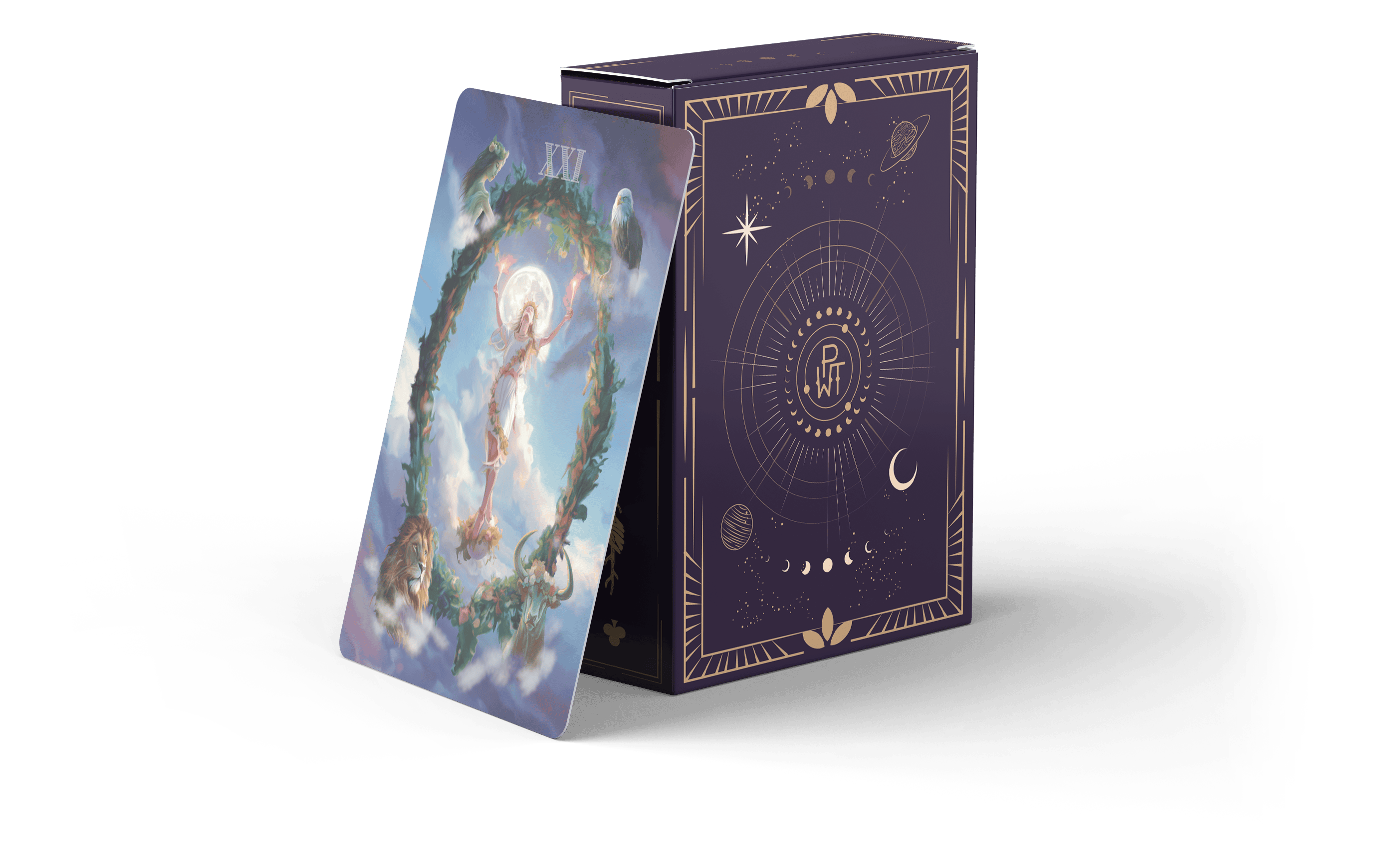 A tarot card with a mystical illustration leans against a decorative purple box featuring celestial designs, including moons, stars, and planets.