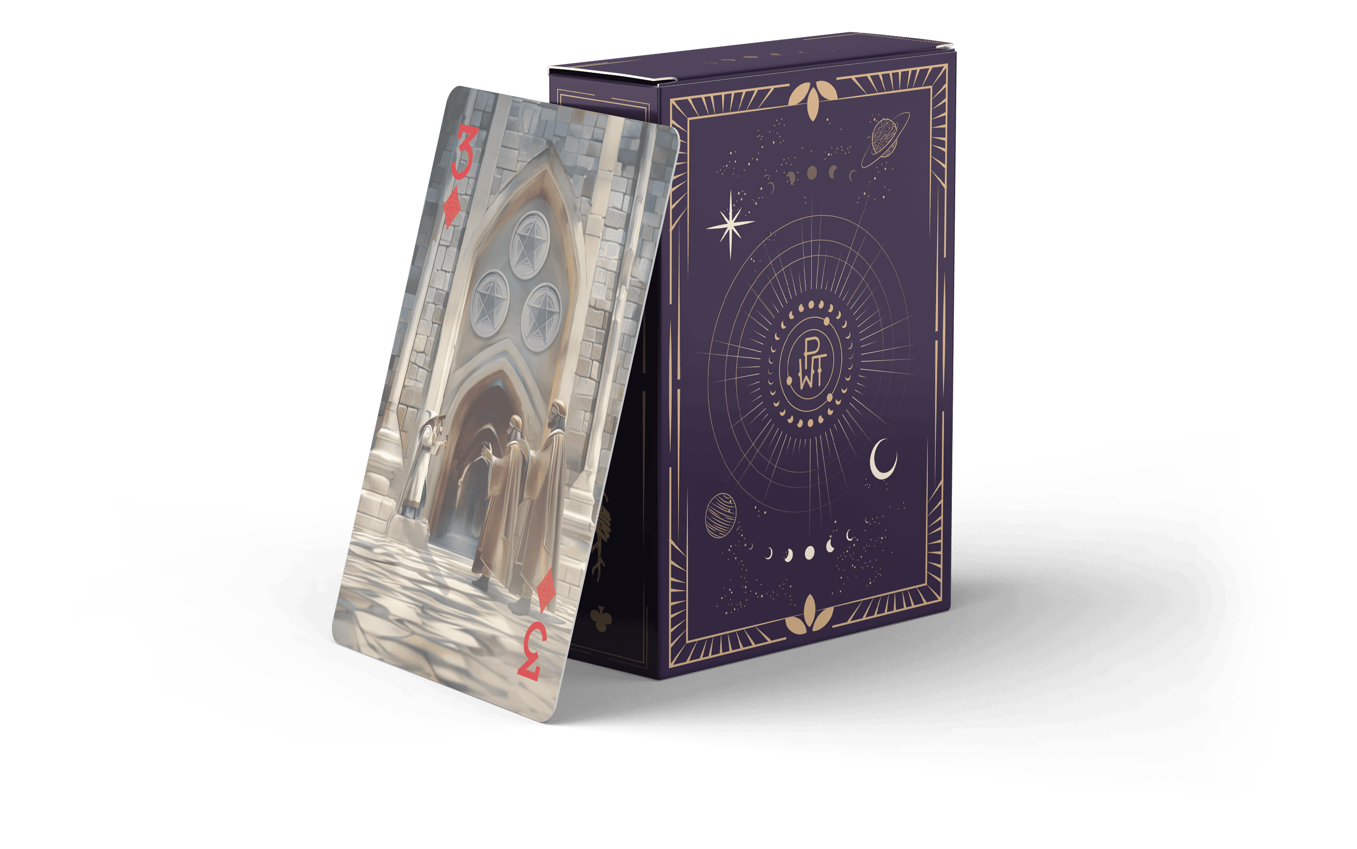 A playing card showing the three of hearts with an image of a cathedral next to a dark purple, ornate card box decorated with celestial designs and symbols.
