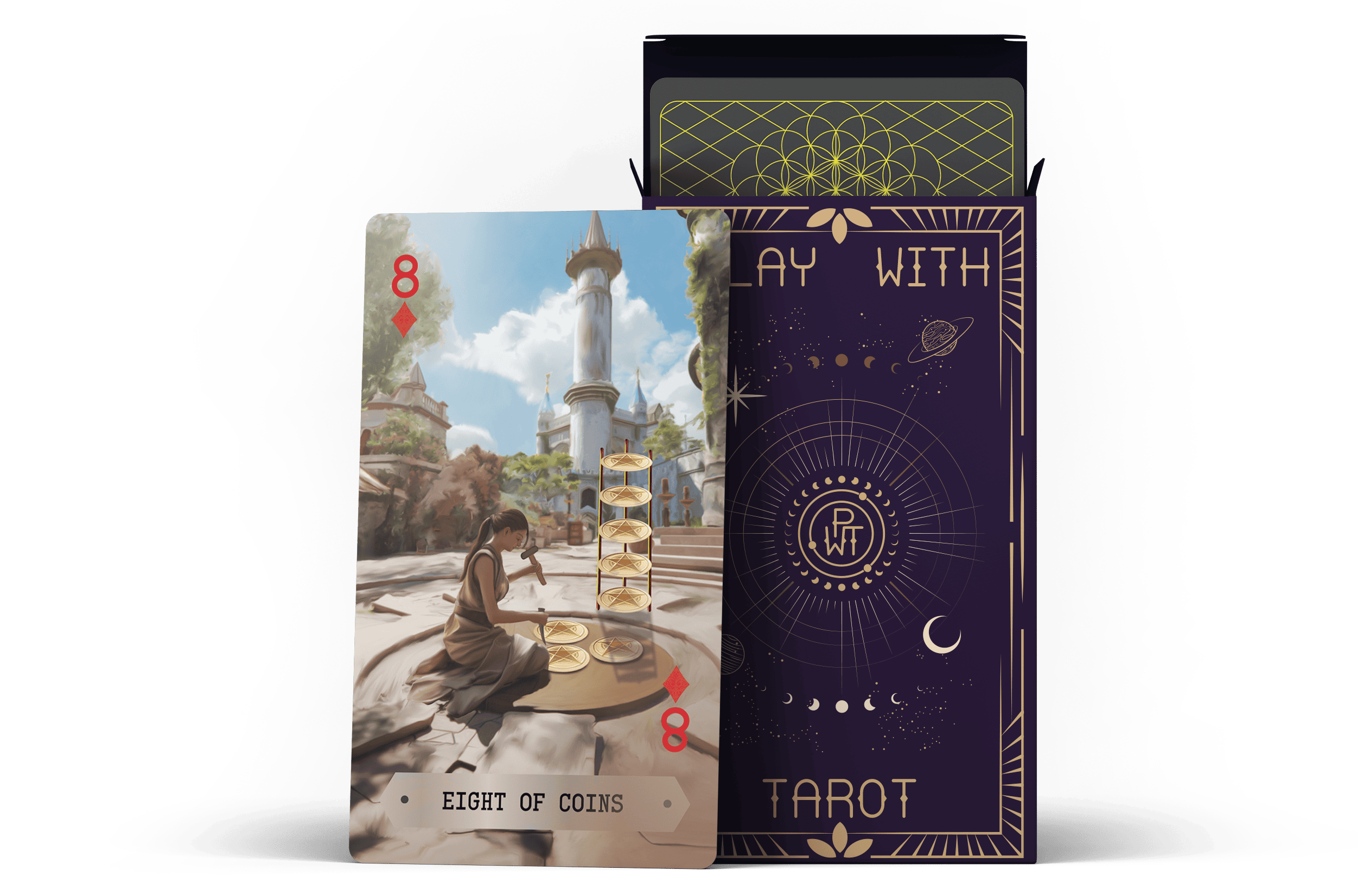 A tarot card labeled Eight of Coins shows a woman crafting coins outdoors near a tall tower. The card is in front of a purple tarot deck box decorated with celestial designs and the words PLAY WITH TAROT.